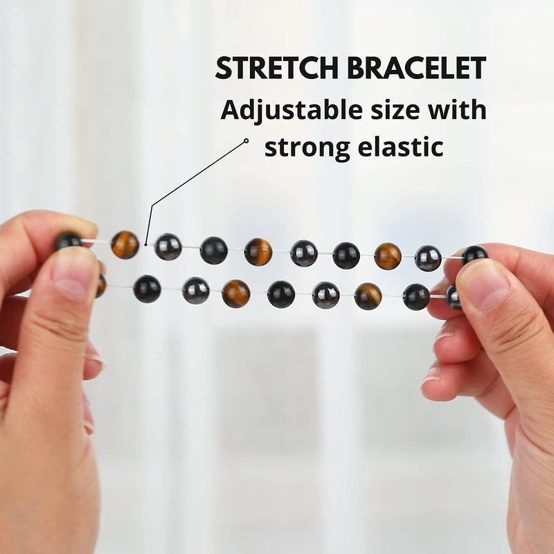 [Australia] - Crystal Vibe Triple Protection Bracelet - 8mm Beaded Bracelet for Women Men - Natural Stones of Tiger Eye, Hematite, Black Obsidian - Healing Crystal Bracelet for Anxiety Relief - Adjustable Size 