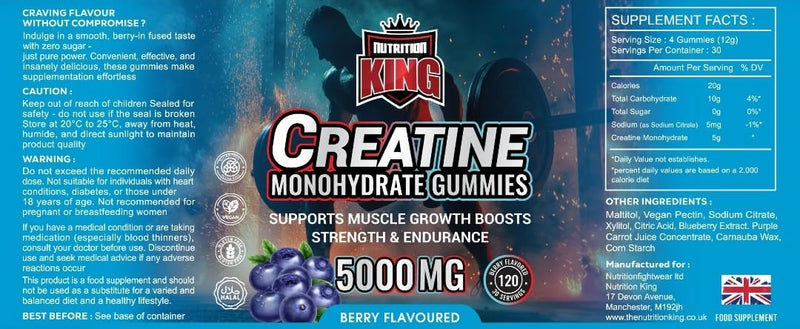 Creatine Monohydrate Gummies 5000mg Per Serving | 120 Vegan Berry Gummies | Sugar Free Creatine Supplement | 30 Servings | Supports Strength, Power & Exercise Performance | Easy Alternative to Powder