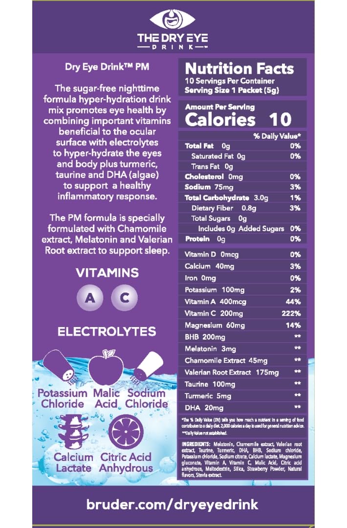 l Ultimate Hydration for Dry Eyes l Sugar-Free Electrolyte Powder Packets l Blended with Vitamins, Green Tea, Turmeric, Taurine, and DHA l 5g x 20 Packets (Strawberry Lemon AM/PM)