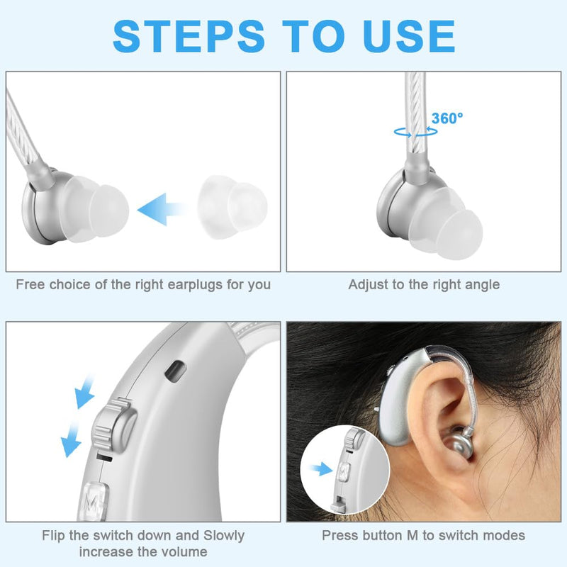 Aolso Rechargeable Digital Sound Amplifiers for Seniors, 1 PC Behind The Ear Sound Amplifier Voice Enhancer Device with Noise Cancelling, Personal Audio Amplifier with Volume Control-Silver 1 PC-Silver