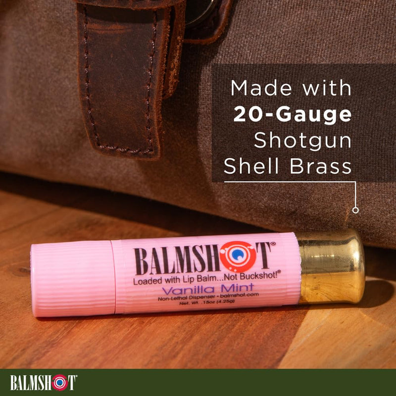 BALMSHOT Moisturizing Beeswax Lip Balm Pink (Vanilla Mint) SPF 15 - Chapstick with Aloe & Vitamin E, 20-Gauge Brass Shotgun Shell Tube, Made in USA