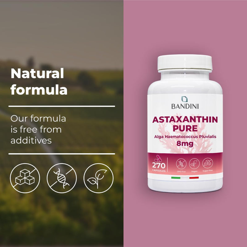 Bandini® Astaxanthin 270 Capsules for 9-Month Supply | 100% Pure, Natural & Bioavailable | Powerful antioxidant from Haematococcus pluvialis Algae | Natural Astaxanthin 8 mg per Capsule | Non-GMO