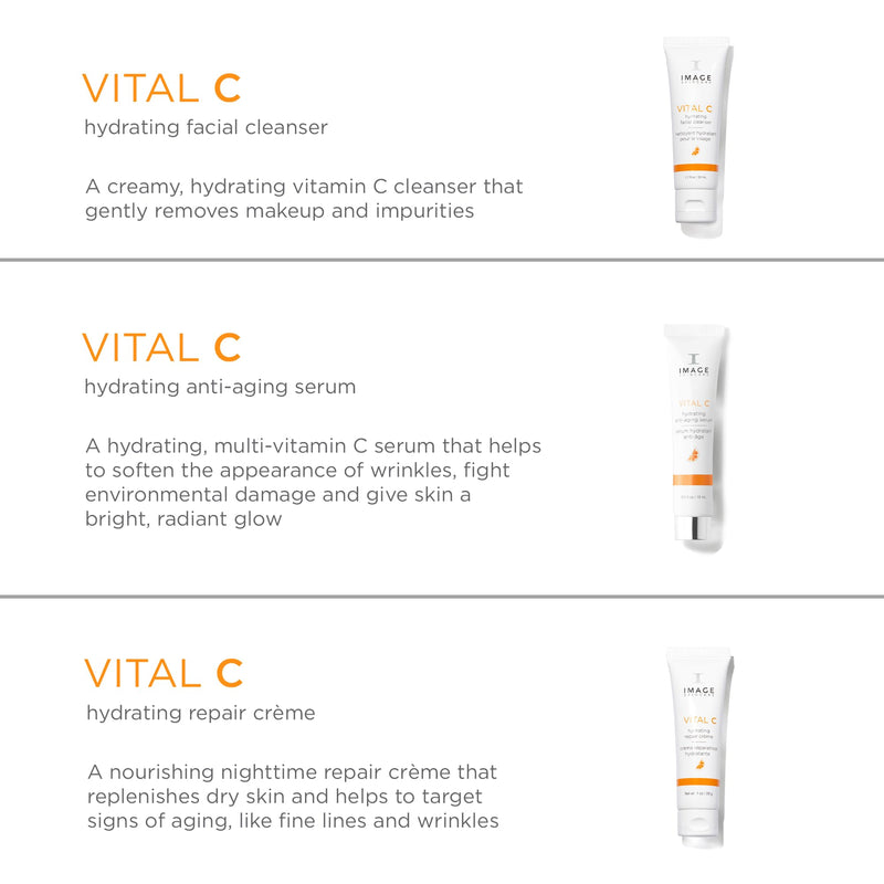 IMAGE Skincare VITAL HYDRATION 3-Step Vitamin C Skin Care Routine | Includes Hydrating Facial Cleanser, Anti-Aging Serum, and Repair Creme - with Hyaluronic Acid for Dry, Dull, Red-Prone Skin