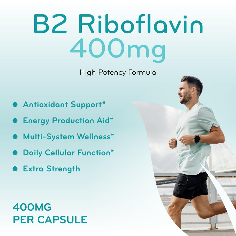 Vitamin B2 Riboflavin 400mg Capsules - B2 Vitamin 400mg per Serving for Skin Health Headaches and Cellular Energy & Nerve Support - Gluten & Dairy Free, Made in a cGMP Facility (120 Servings)