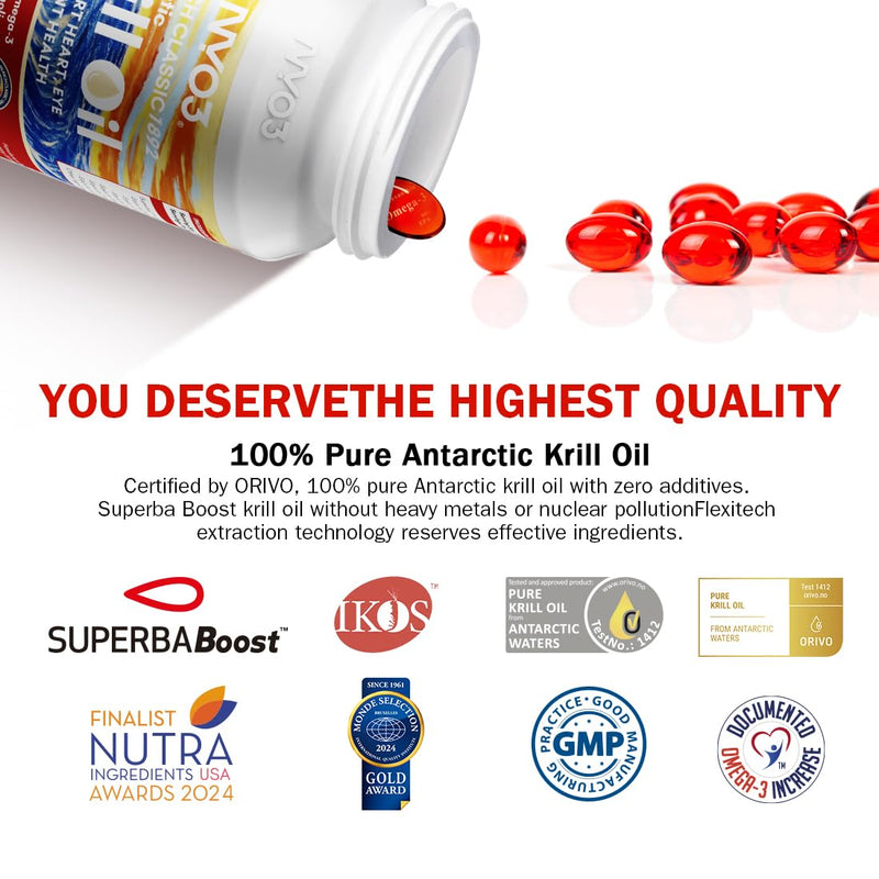 NYO3 100% Antarctic Krill Oil 850mg Omega 3 Supplement Beyond Fish Oil with Choline & Antioxidant Astaxanthin for Heart Brain Joint, GMP, Third Party Tested, No Fishy Burps - 30 Softgels 30 Count (Pack of 1)