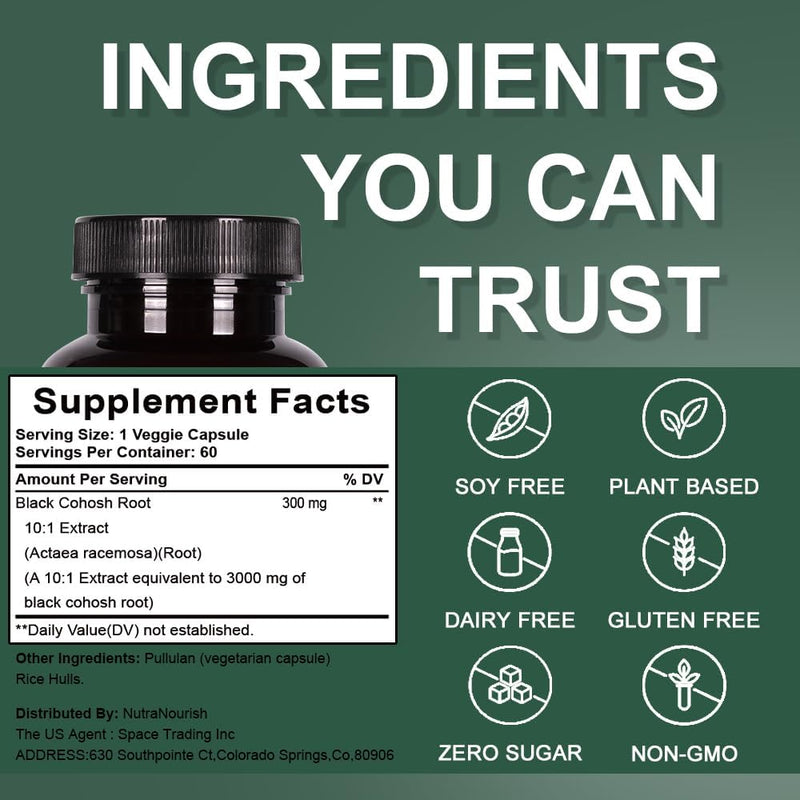 [Australia] - Black Cohosh Capsules,3000mg Strength,Black Cohosh Supplements for Women Menopause Hot Flashes,Non-GMO,60 Vegetarian Capsules 