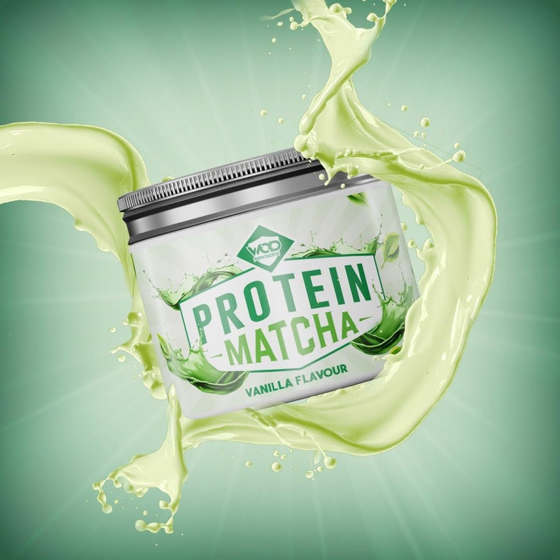 Protein Matcha Powder Vanilla | Ceremonial Grade Organic Japanese Matcha with Grass-fed Bovine Collagen & Functional Mushroom Extracts | 240g Tub with Scoop | High Protein - Made by WOD Powders