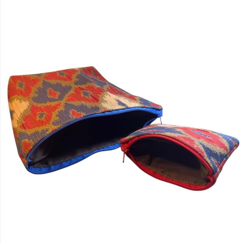 Handmade Set of 2 Cosmetic Bags — Colorful Ethnic Pattern Makeup Pouches with Zipper, Travel Organizer, Toiletry Bags for Women