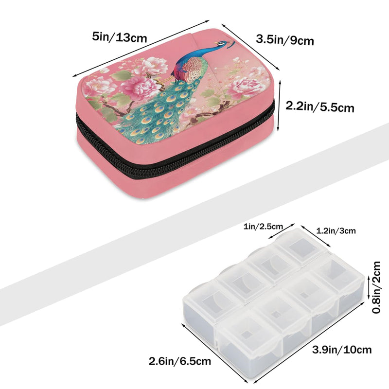 Pink Peacock Pill Case Travel Pill Organizer with Zipper Medicine Box | Pink Flower Peacock Pill Case Weekly 44 Day Portable for Vitamins Birth Control Fish Oils Medication Supplements A:color11