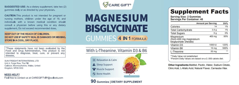Magnesium Bisglycinate Gummies 400mg Chelated Magnesium, with Vitamin D3, Vitamin B6 & L-Theanine, Supports Sleep, Relaxation, Muscle Function and Bone Health, 90 Gummies, Lemon Raspberry Flavour