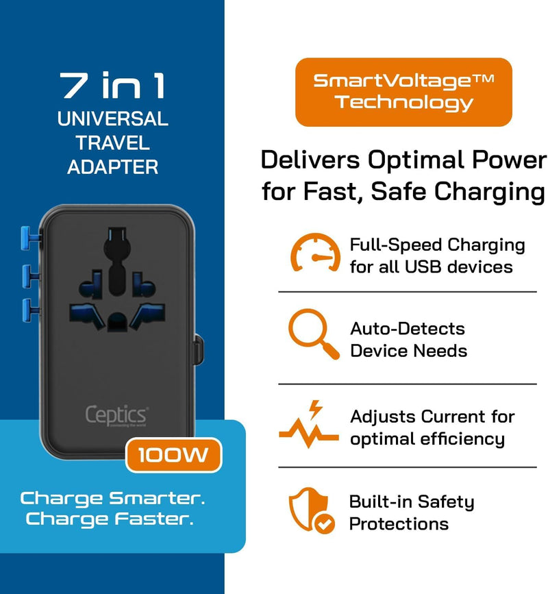Ceptics GAN 100W Universal Travel Adapter with Retractable USB-C Cable, 2X USB-A & C, Universal Input and 1x USA/JP Input, 7 in 1 Universal Adapter for Worldwide Travel - Type A, C, G, I Output Black/Blue