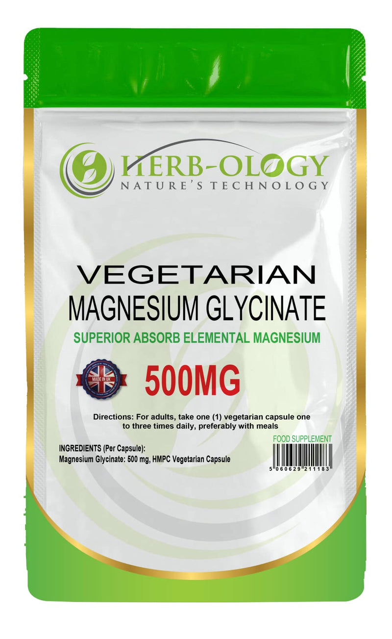 Herb-Ology Magnesium Glycinate Capsules | 120 Vegan Capsules | Magnesium Supplements | 500mg per Capsule | Highly Bioavailable, Dairy Free & Manufactured in The UK 120 count (Pack of 1)