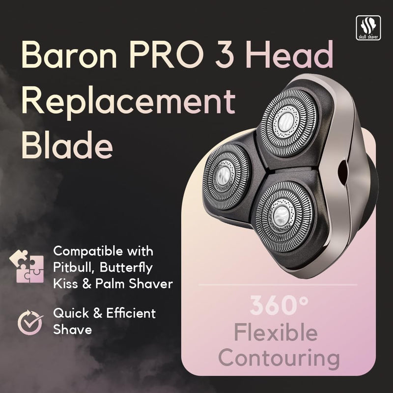 Skull Shaver Baron PRO 3 Head Replacement Blade - Faster Shaving - Hypoallergenic Stainless Steel - Contour Flex Design - Built-in Vacuum - Easy to Clean