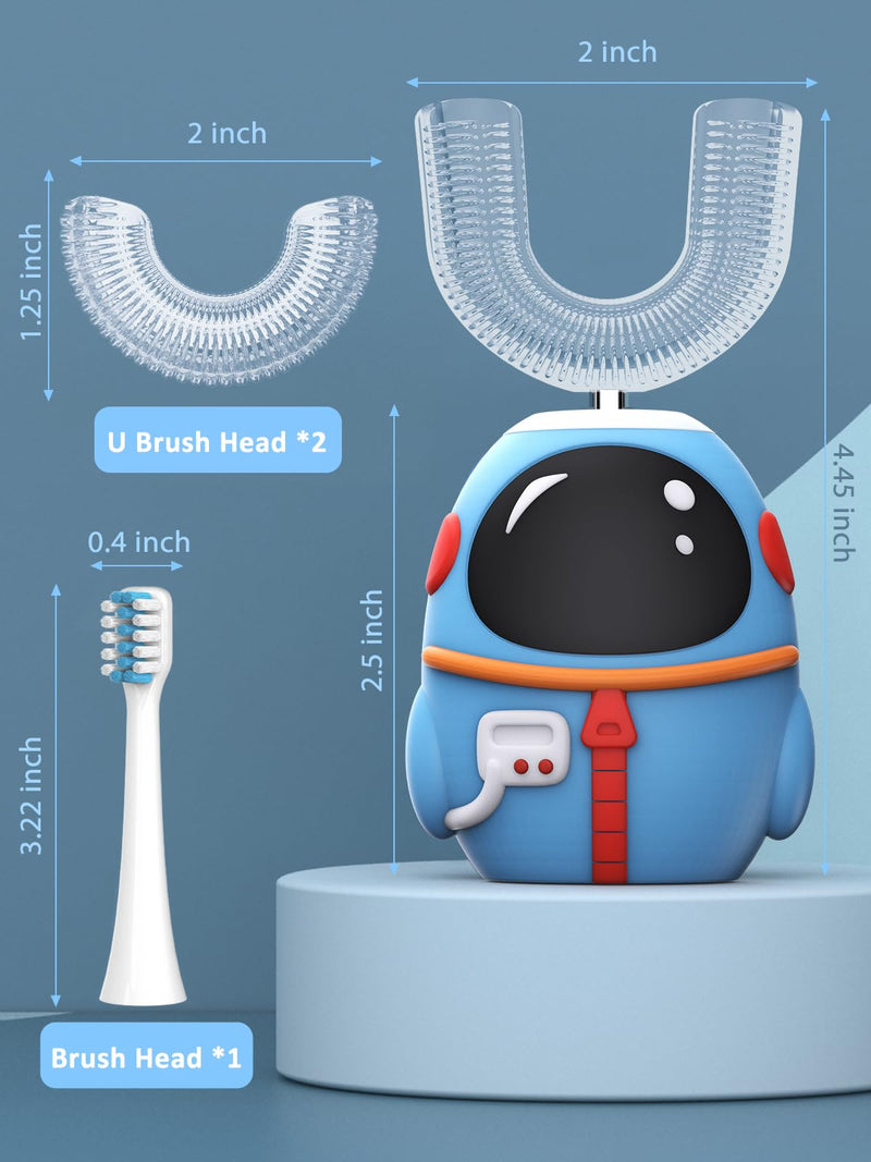 [Australia] - FTOYIN Kids Electric Toothbrush with 3 Brush Heads, U Shaped Ultrasonic Toothbrush Kids with 5 Modes, 45s Smart Reminder, 360-Degree Automatic Cleaning, IPX7 Waterproof Design for Ages 2-12 Blue 1 Count (Pack of 1) 