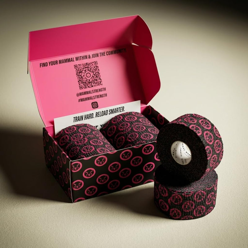 Mammal Strength Thumb Tape 5M / 10M Rolls - Super Sticky & Stretchy Weightlifting Tape for Cross Fit, Olympic Lifting - Flexible & Easily Tearable Hook Grip Tape 10 Metre 2.0 Black/Pink