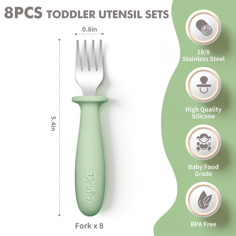 [Australia] - DRKIO 8 Pieces Toddler Forks Set - Baby Forks with Silicone Handle Children safe 18/8 Stainless Steel Toddler Utensils Set for Self Feeding Kids Silverware Anti-Choke Design Food Grade Dishwasher Safe Blue 