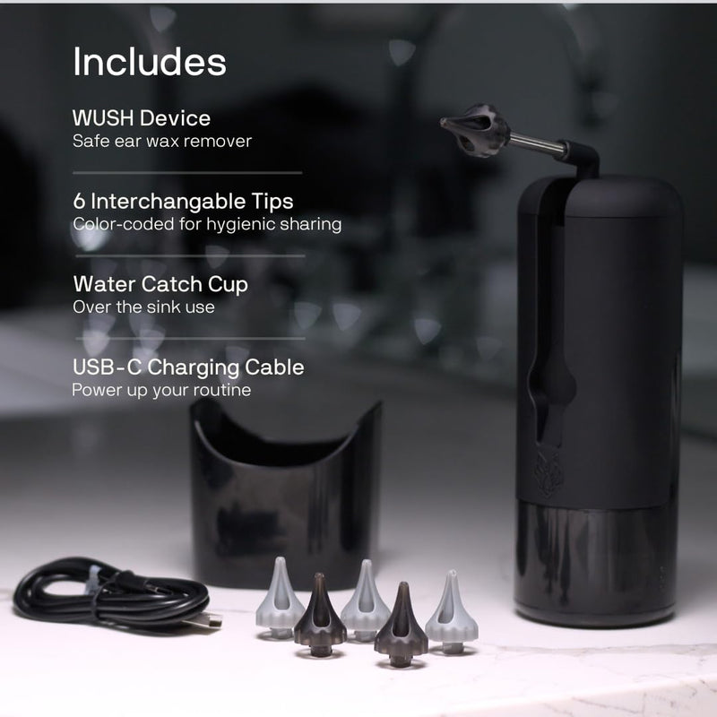 [Australia] - Wush Pro by Black Wolf - The Original Deluxe Water Powered Ear Cleaner with 6 Reusable Replacement Tips by Black Wolf - Safe & Effective for Ear Wax Buildup - Electric Ear Wax Removal Kit (Black) 