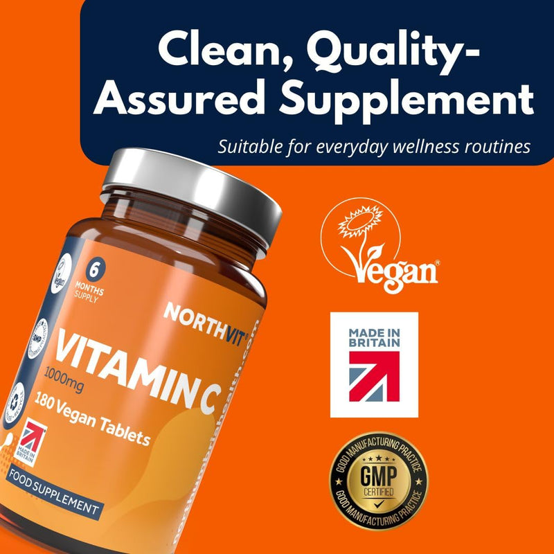 Vitamin C 1000mg – 180 Vegan Tablets (6-Month Supply) – High Strength Immune & Collagen Support – Made in UK – GMO & Gluten Free 180 count (Pack of 1)