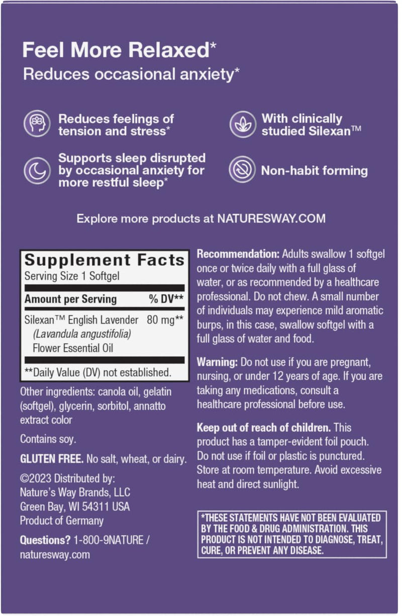 Nature's Way CalmAid Lavender Oil Supplement, Calm & Stress Support*, 30 ct | Clinically Studied Silexan Lavender Oil, Non-Drowsy, Daily Softgels, 1 Month Supply 30 Count (Pack of 1)