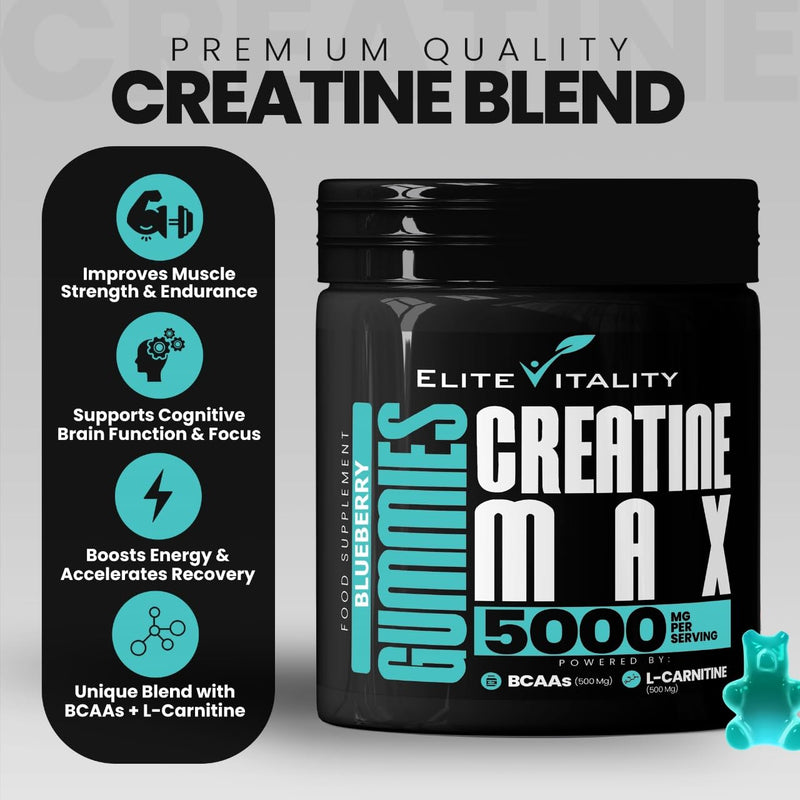 Creatine Monohydrate 90 Gummies 5000mg + BCAAs & L-Carnitine – 3rd Party Lab Tested, Vegan, Sugar-Free, Pre Workout Muscle Growth & Recovery Gym Supplement for Men & Women – Tangy Blueberry Blast