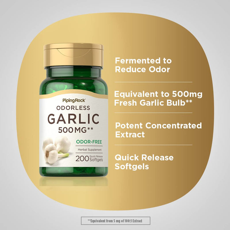 [Australia] - Piping Rock Odorless Garlic Softgels | 500mg | 200 Pills | Herbal Extract Supplement | Odor-Free, Non-GMO, Gluten Free 