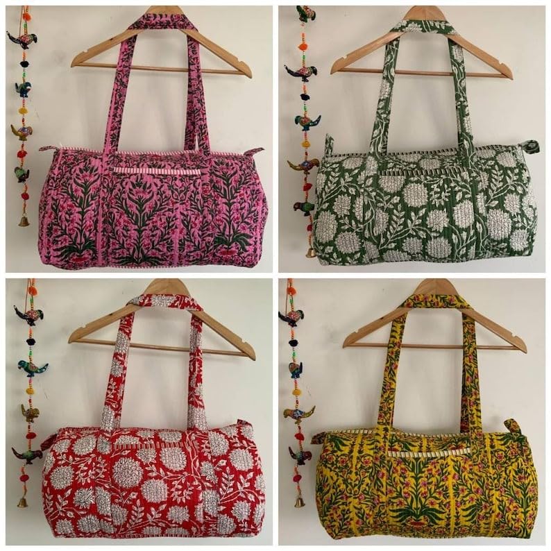 Yille Handmade Cotton Block Print Duffle Travel Bag Gym Yoga Bag,Quilted Bag Everyday use Gift for Someone Special Occasionally (Pink Temple) Pink Temple
