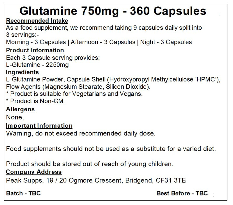 L-Glutamine 750mg Capsules | Amino Acid | Vegan Friendly (360) 360 Capsules
