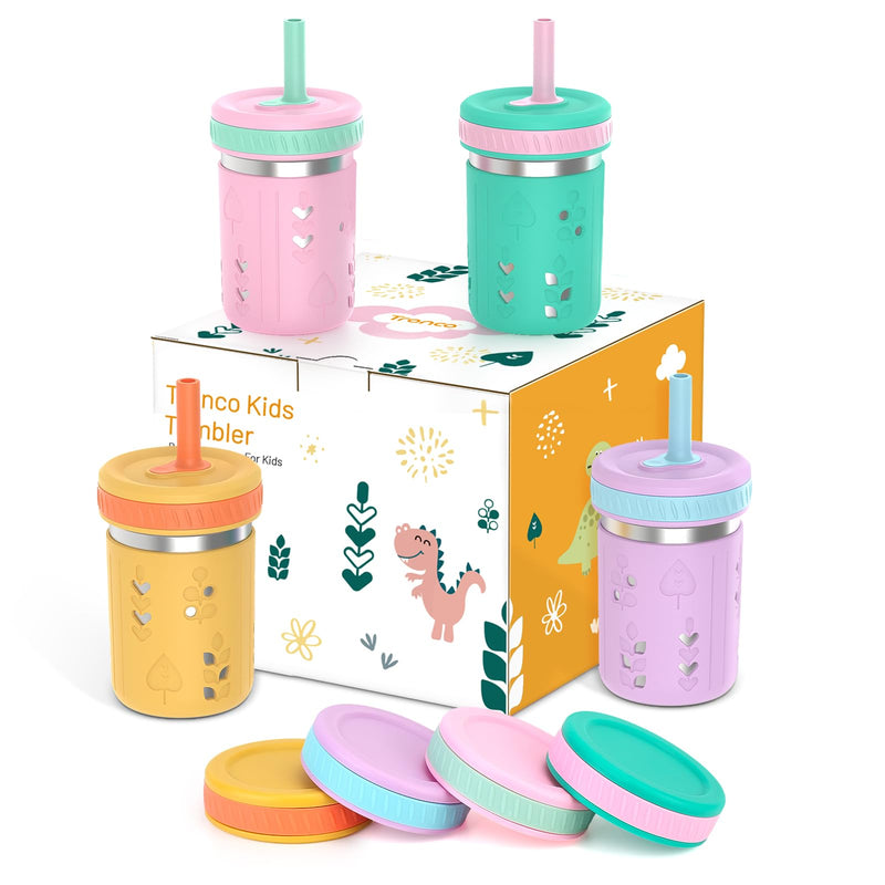 [Australia] - Tronco [4 Pack] 10 oz 2-in-1 Stainless Steel Kids Tumbler Cups with Silicone Sleeves, Spill-Resistant Flexible Straws & Storage Lids, BPA-Free Smoothie and Snack Cups, Dishwasher Safe Mango Yellow,Grape purple,Grass Green,Peach Pink Pack of 4 