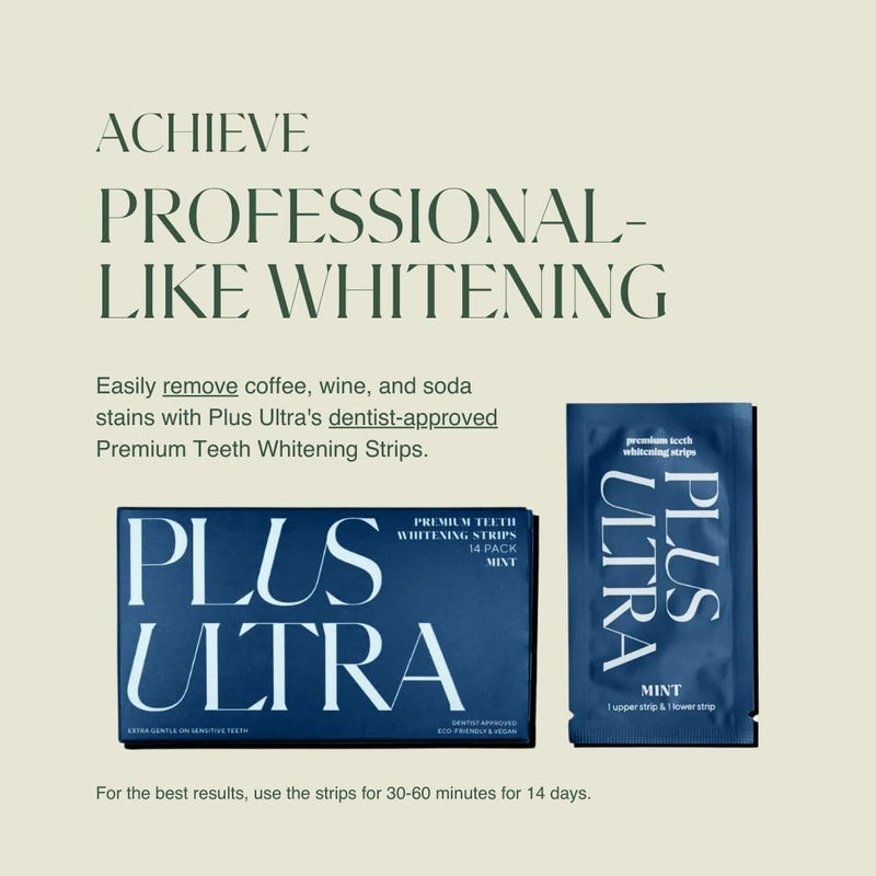 [Australia] - PLUS ULTRA Premium Teeth Whitening Strips, Eco-Friendly Vegan Stain Remover White Strips - Teeth Whitener for Coffee, Wine, Soda, and Other Stains - Mint - 28 Strips (14-Day Treatment) 