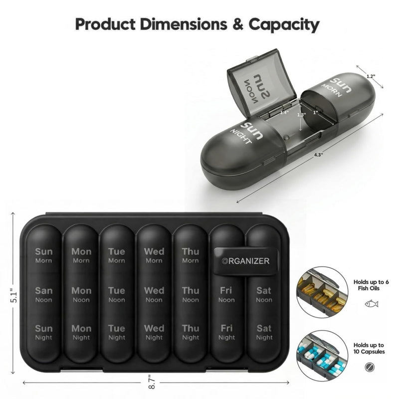 Pill Organizer 3 Times a Day - Pill Box 7 Day, Large Weekly Medicine Pill Organizer for Travel with Removable Individual Containers, Ideal for Vitamins, Supplements, Medicine (Black, 21 Slot) Black 21 Count (Pack of 1)