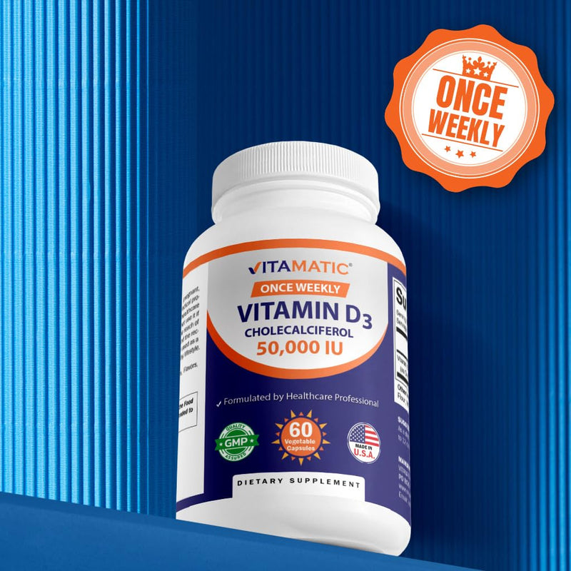 [Australia] - Vitamatic Vitamin D3 50,000 IU (as Cholecalciferol), Once Weekly Dose, 1250 mcg, 60 Veggie Capsules 1 Year Supply, Progressive Formula Helping Vitamin D Deficiencies (60 Count (Pack of 1)) 60 Count (Pack of 1) 