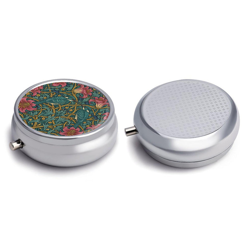 3 Compartment Travel Pill Case, Portable Round Pill Box for Pocket or Purse, Decorative Metal Medicine Vitamin Organizer. (Two Birds on the Tree) Two Birds on the Tree