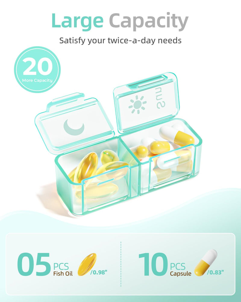 Betife AM PM Pill Organizer 7 Day, Weekly Pill Organizer Box 2 Times a Day | Portable Travel Pill Organizer, Cute, Easy Open, Airtight, Fashion, Dust-Proof, Reusable, Sturdy for Medication, Vitamin Green
