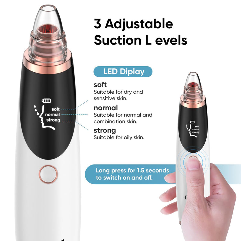 Blackhead Remover Pore Vacuum for Face & Nose – Deep Cleansing Blackhead Remover Tools with 3 Suction Levels, 5 Replaceable Tips, USB Rechargeable Pore Cleaner