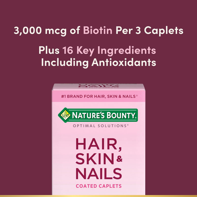 Nature's Bounty Optimal Solutions Hair, Skin & Nails Formula, 20 Servings | With 3,000 mcg Biotin, 60 Coated Caplets Unflavored 60 Count (Pack of 1)