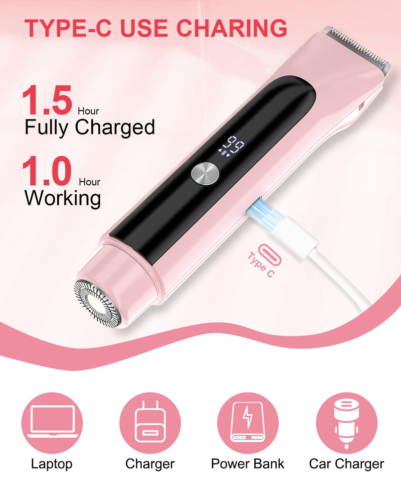 Bikini Trimmer for Women Pubic Hair,Electric Razors with Dual Heads for Body, Rechargeable IPX7 Waterproof Bikini Shaver for Travel,Facial Hair Remover for Leg Arm Face Pink