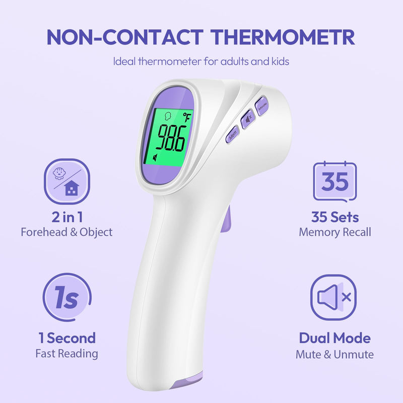 [Australia] - Forehead Thermometer for Adults, Kids & Babies, No-Touch Infrared Thermometer, Digital Thermometer with LCD Backlight Display, Fever Alarm and 1s Instant Reading - Purple 