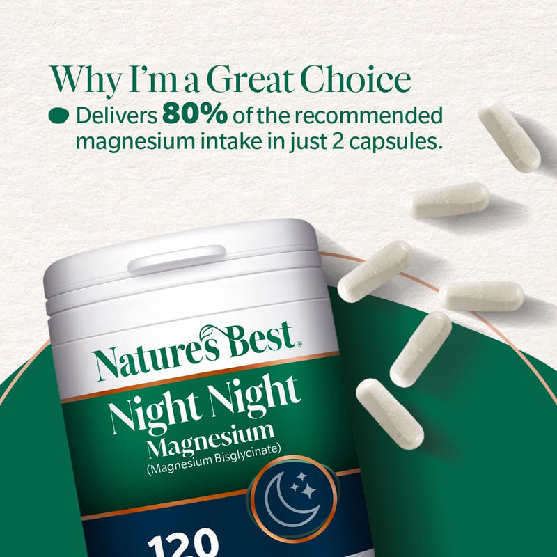 Nature’s Best Night Night Magnesium - Bisglycinate for Rest & Muscle Function - 120 Vegan Capsules (2 Month Supply)