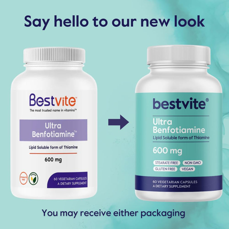 BESTVITE Ultra Benfotiamine 600mg per Capsule (60 Veg Caps) - No Stearates | Vegan - Non GMO - Gluten Free - Fat Soluble Vitamin B1 - Vitamin B1 Thiamine Supplement - Maximum Strength Benfotiamine 60 Count (Pack of 1)