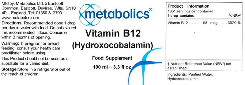 Vitamin B12 Liquid | Pure Hydroxocobalamin Supplement | for Normal Brain Function | Made in The UK