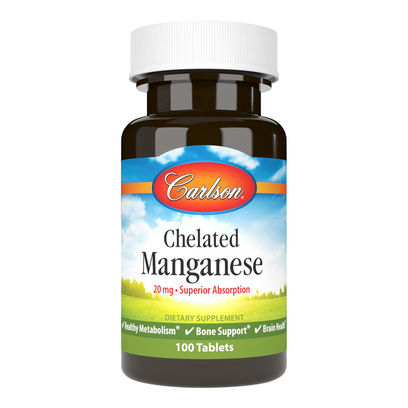 Carlson - Chelated Manganese, 20 mg, Superior Absorption, Healthy Metabolism, Bone Support & Brain Health, 100 Tablets