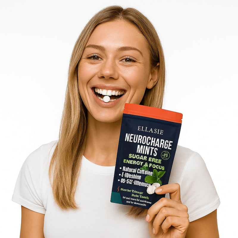 NeuroCharge Bullet Mint Chews (Gum Alternative) Peppermint 90 Sugar Free | 80mg Natural Caffeine + 120mg L-Theanine per Serving | Vitamin B12 & B6 | Work Study Gym Gaming | Ellasie