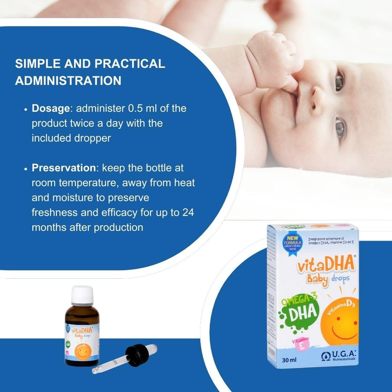 VitaDHA Baby Drops Omega 3 Liquid for Infants and Toddlers (0 to 2 Years) - Algae Oil Omega3 Drops for Kids with Vitamin D3 and E - 30ml Milk and Cream Flavour