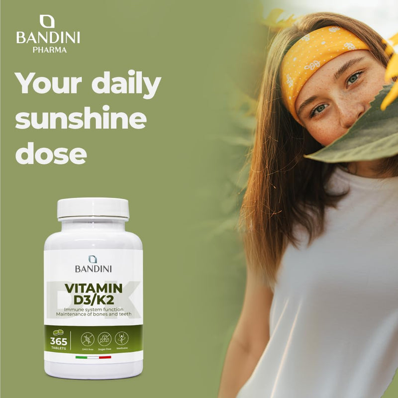 Bandini® Vitamin D3 K2 | 365 Easy-to-Swallow Tablets 1 Year Supply | 2000 IU Vitamin D3 & 200 mcg Vitamin K2VITAL® MK‑7 99% All Trans | Bones, Teeth, Muscles, Joints & Immune System | High Strength