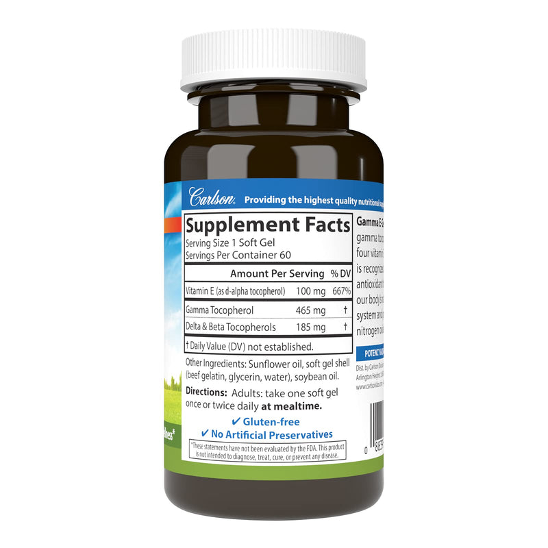 Carlson Gamma E-Gems, 465 mg, Gamma Tocopherol, 600 Softgels | Vitamin E Tocopherol; Optimal Wellness 60 Count (Pack of 1)