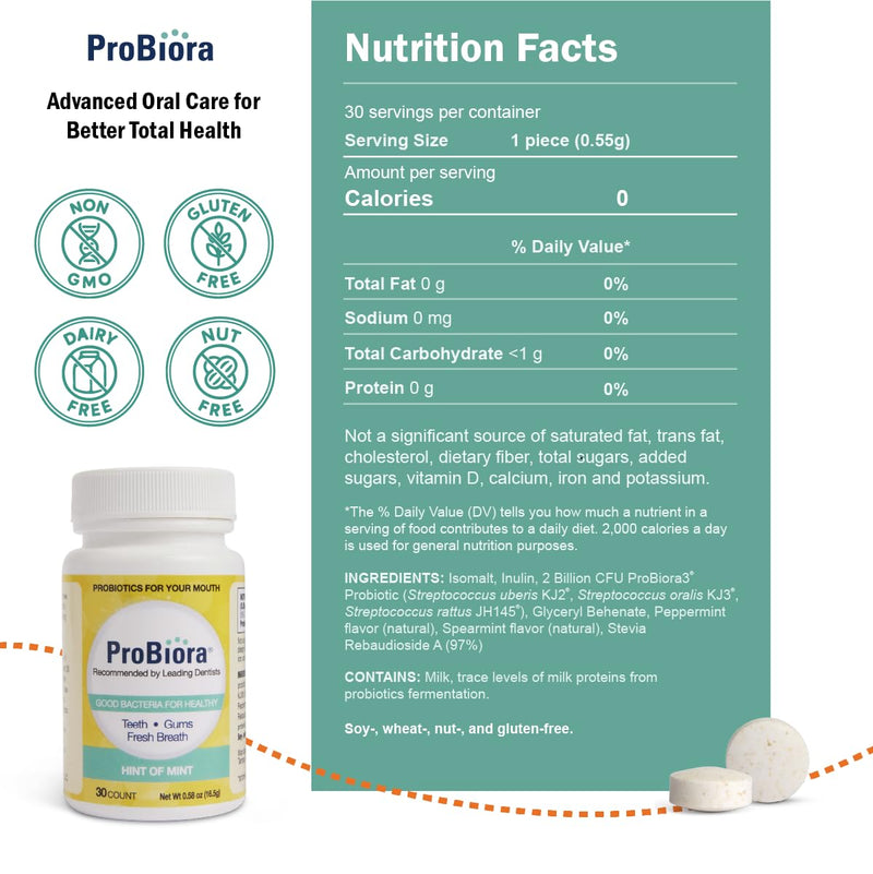 ProBiora Oral Probiotics for Teeth and Gums | Dental Probiotics for Improved Oral Health | Bad Breath Treatment for Adults | ProBiora3 Patented Probiotic Blend | Tooth Whitening | 30 Mint Tablets 30 Count (Pack of 1)
