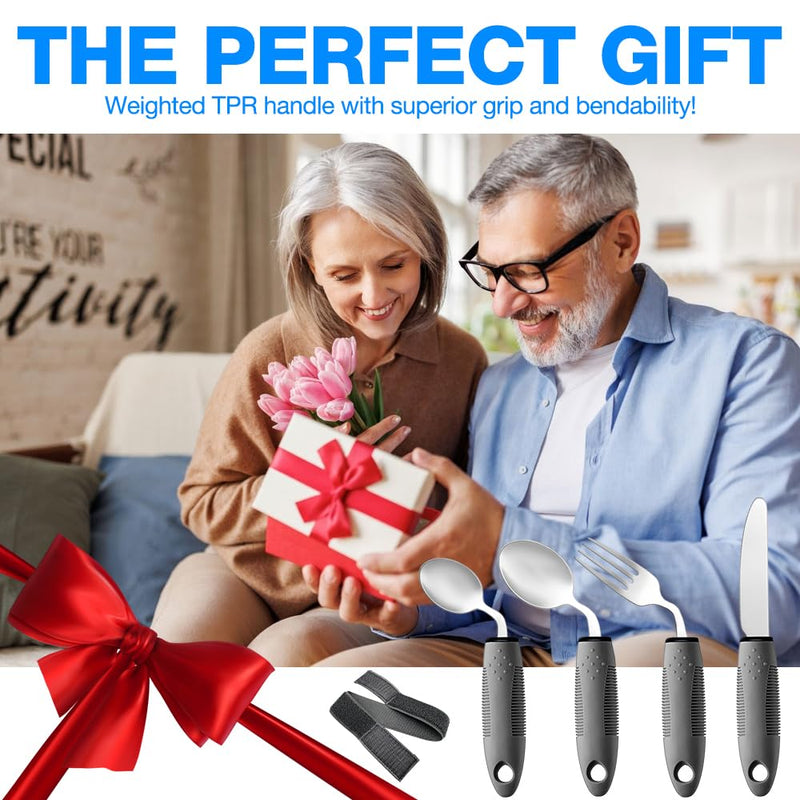 Adaptive Utensils Set, 4PCS Cutlery for Arthritic Hands with Fixing Strap, 42° Angled, 3oz Weighted, Arthritis Aids Bendable Cutlery Easy-Grip Ergonomic for Disabled Hands, Parkinson, Arthritis