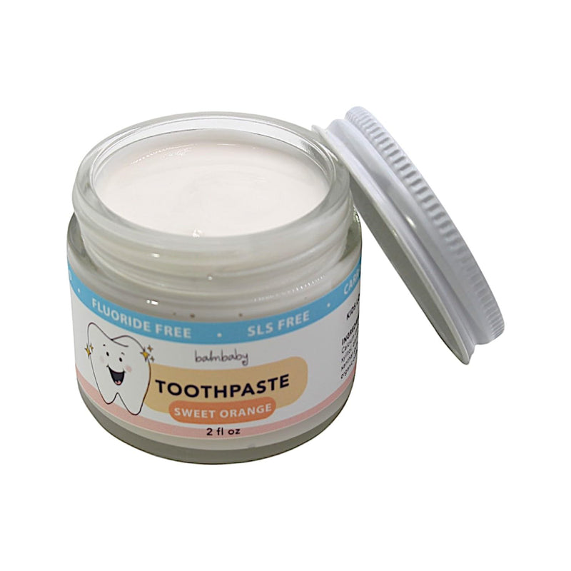 [Australia] - Kids All Natural Fluoride Free Toothpaste by Balm Baby Brand – SLS Free Toothpaste with Xylitol, Vegan, Gluten Free, BPA Free, Glass Jar Zero Waste Children’s Teeth Paste (Orange) Sweet Orange 