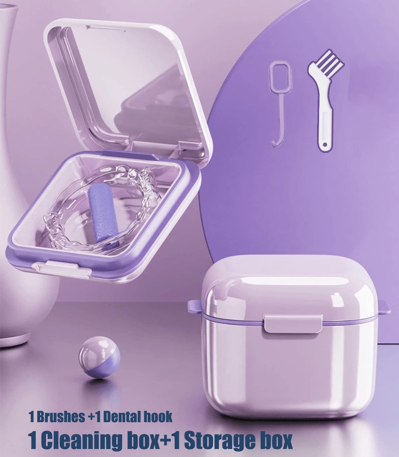[Australia] - MURRI&MURRDI Retainer Case 2 Pack, Denture Case with Mirror, Denture Bath Box with Strainer Basket, Cute Denture Holder Storage Soak Container for Travel Cleaning, Braces Cleaner Kit (C Purple) C Purple 