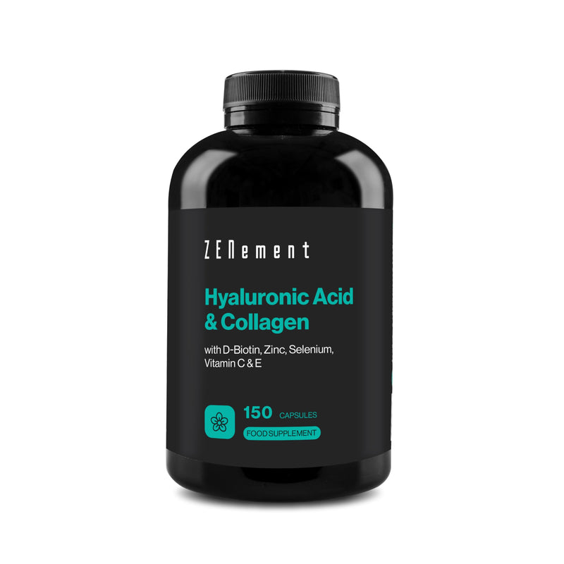 Hyaluronic Acid & Collagen with Biotin, Zinc, Selenium, Vitamins C & E - 150 Capsules - for Skin, Joints and Bones - 1000 mg Collagen + 200 mg Hyaluronic Acid per Serving - Zenement
